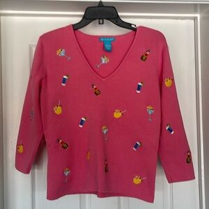 Alexandra Bartlett - pink v neck cotton sweater with embroidered drinks - L